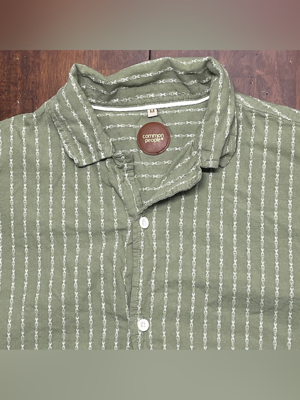 Common People Linen Blend Shirt Mens M Green Button Up Short Sleeve Embroidered